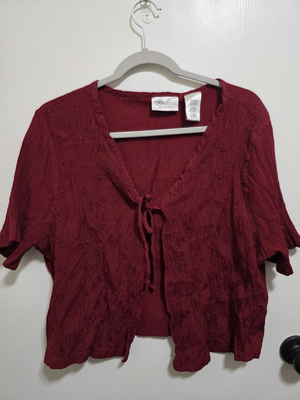 Vintage 90s Kathie Lee Plus Size 22W 24W Tie Front Top Crinkle Shrug Berry Red